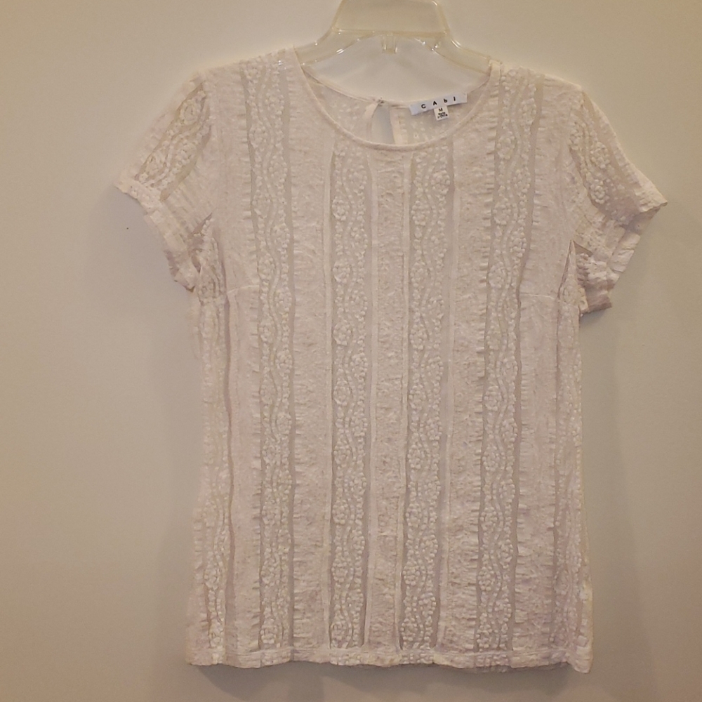 CAbi White Lacy Cap Sleeved Top Sheer Size Medium